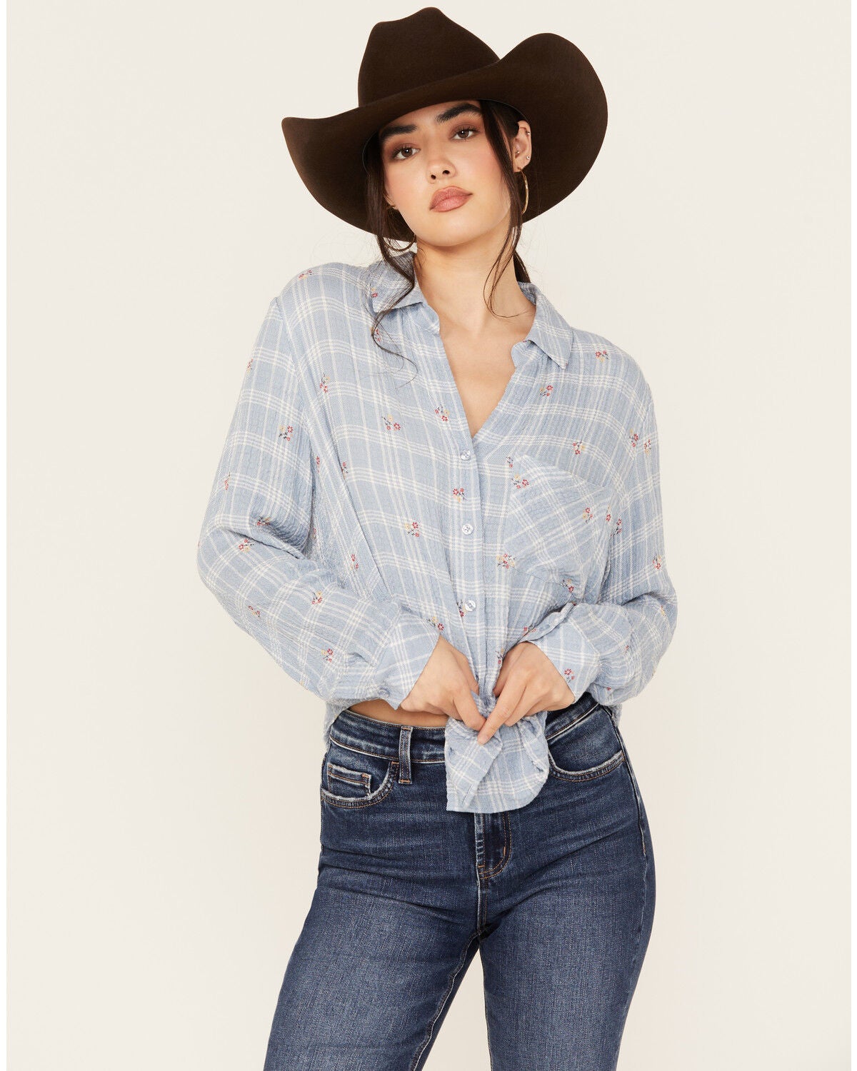 Beyond The Radar Women's Plaid Print Floral Long Sleeve Button-Down Shirt, Blue, hi-res