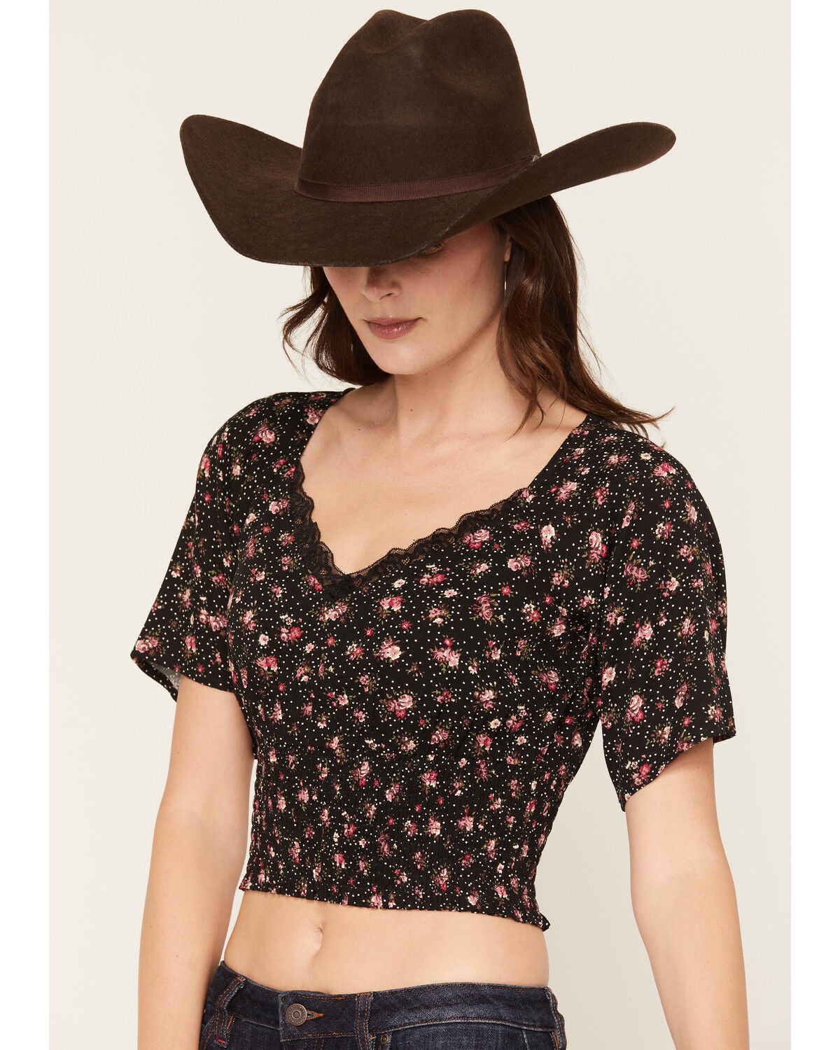 Image #2 - Idyllwind Women's Laredo Floral Print Cropped Blouse, Black, hi-res