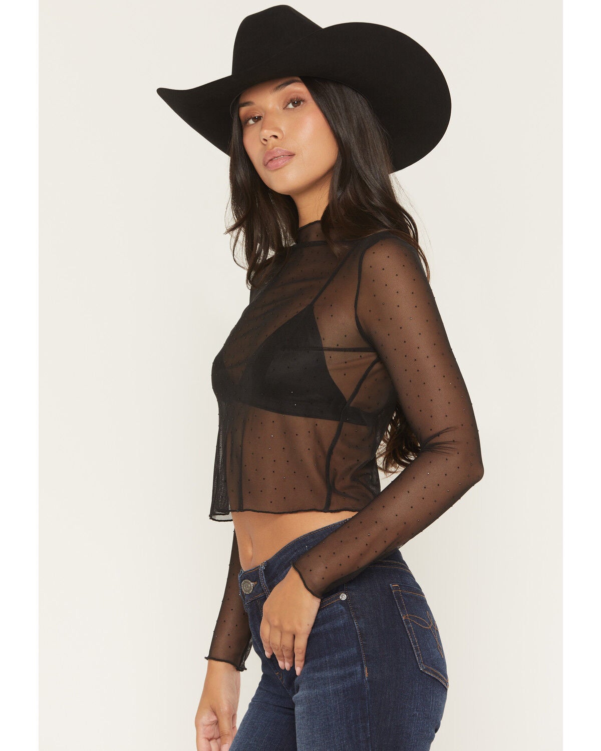 Image #2 - Rock & Roll Denim Women's Rhinestone Mesh Long Sleeve Cropped Shirt, Black, hi-res