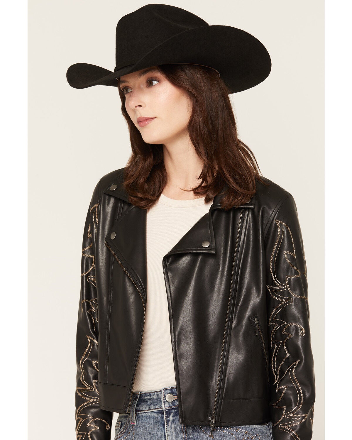 Image #2 - Idyllwind Women's Lazaro Boot Stitch Faux Leather Moto Jacket, Black, hi-res