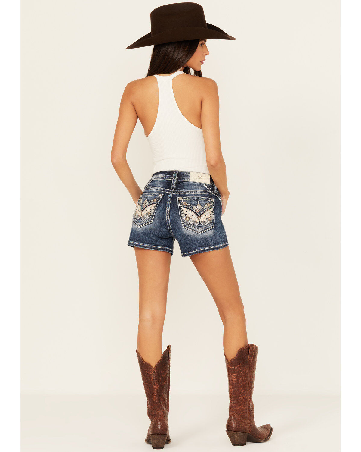 Image #1 - Miss Me Women's Dark Wash Mid Rise Floral Wing Stretch Denim Shorts, Dark Wash, hi-res