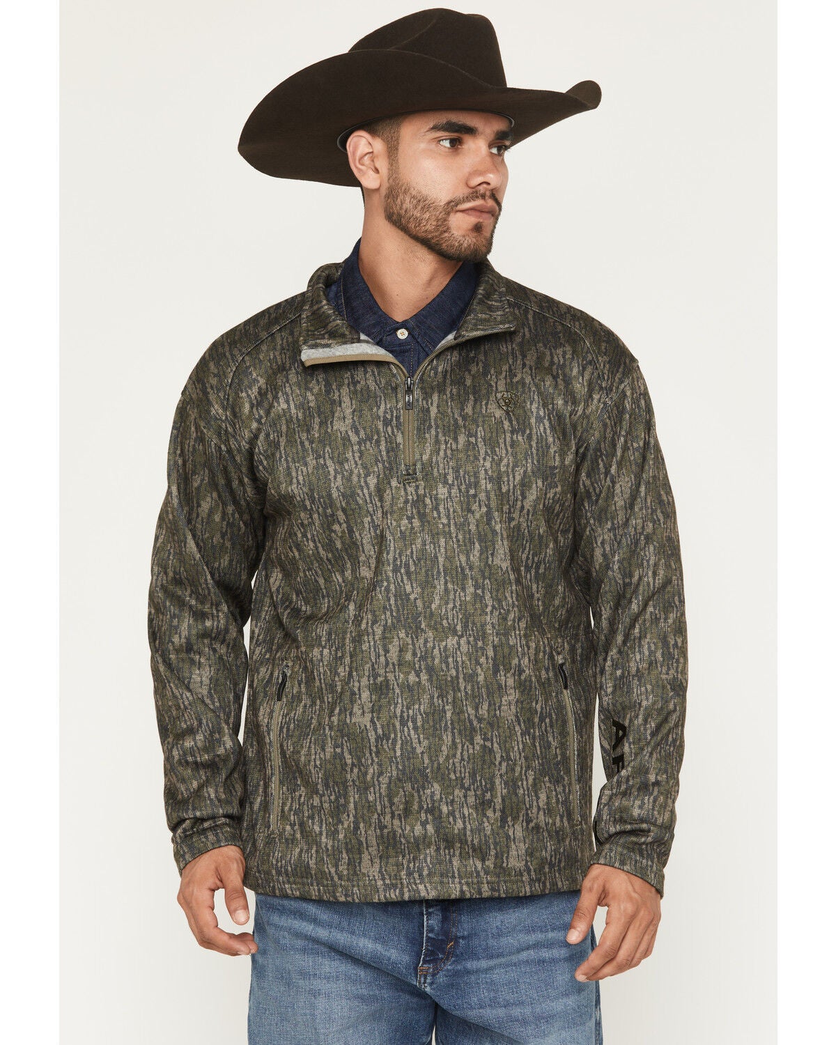 Ariat Men's Caldwell Camo Print 1/4 Zip Pullover Sweater, Green, hi-res