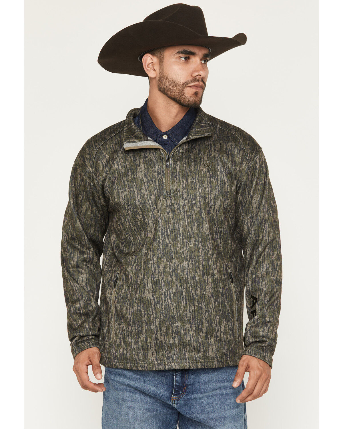 Image #1 - Ariat Men's Caldwell Camo Print 1/4 Zip Pullover Sweater, Green, hi-res
