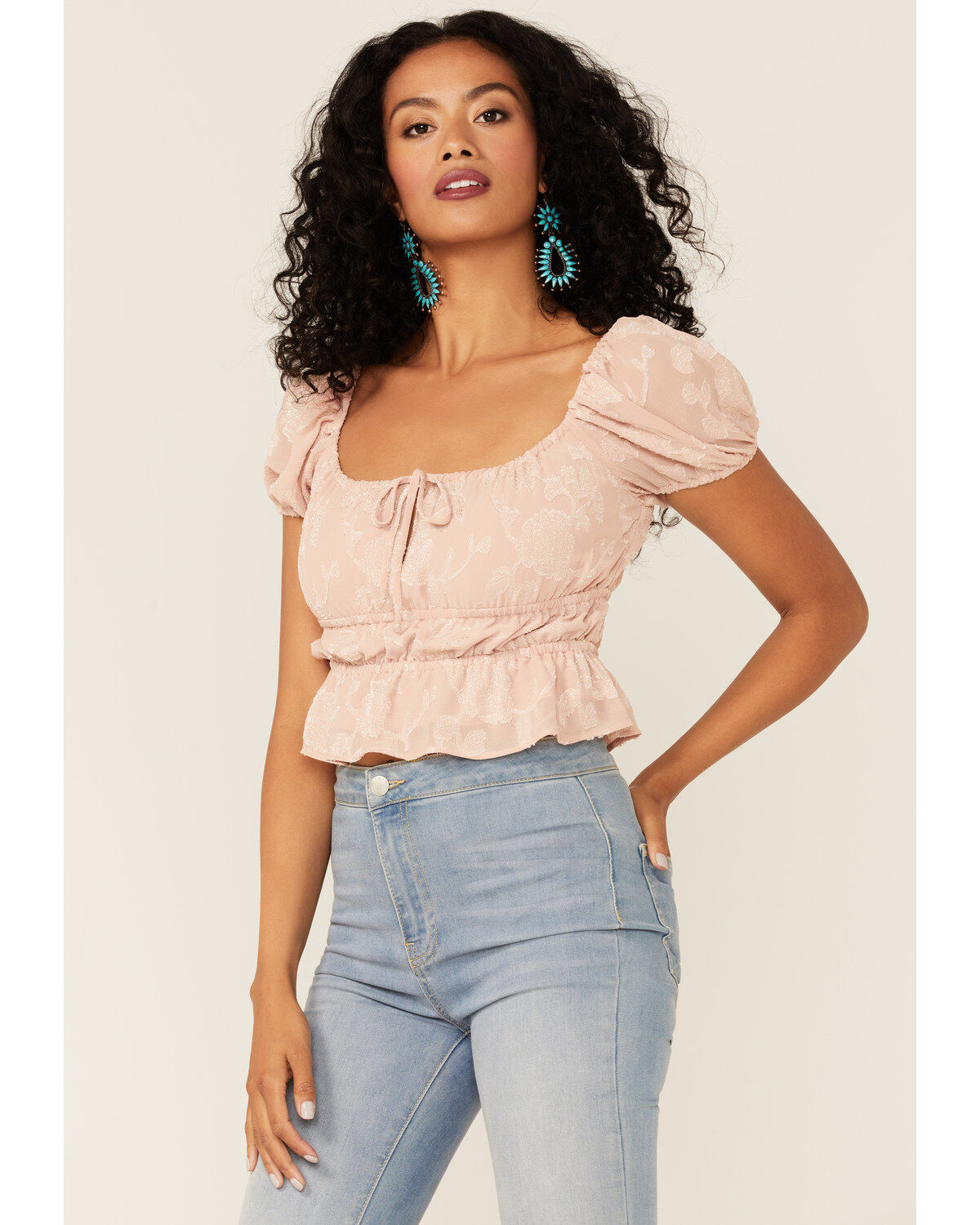 Image #1 - Jolt Women's Jacquard Crinkle Short Sleeve Peasant Crop Top, , hi-res
