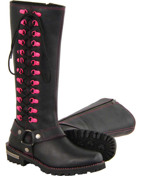 Milwaukee Leather Women's Black 14" Fuchsia Accent Lacing Boots - Square Toe , Black, hi-res