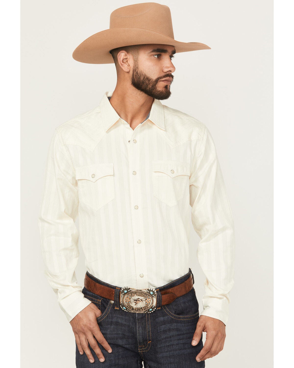 Cody James Men's Rustic Range Tonal Striped Long Sleeve Snap Western Shirt, Cream, hi-res