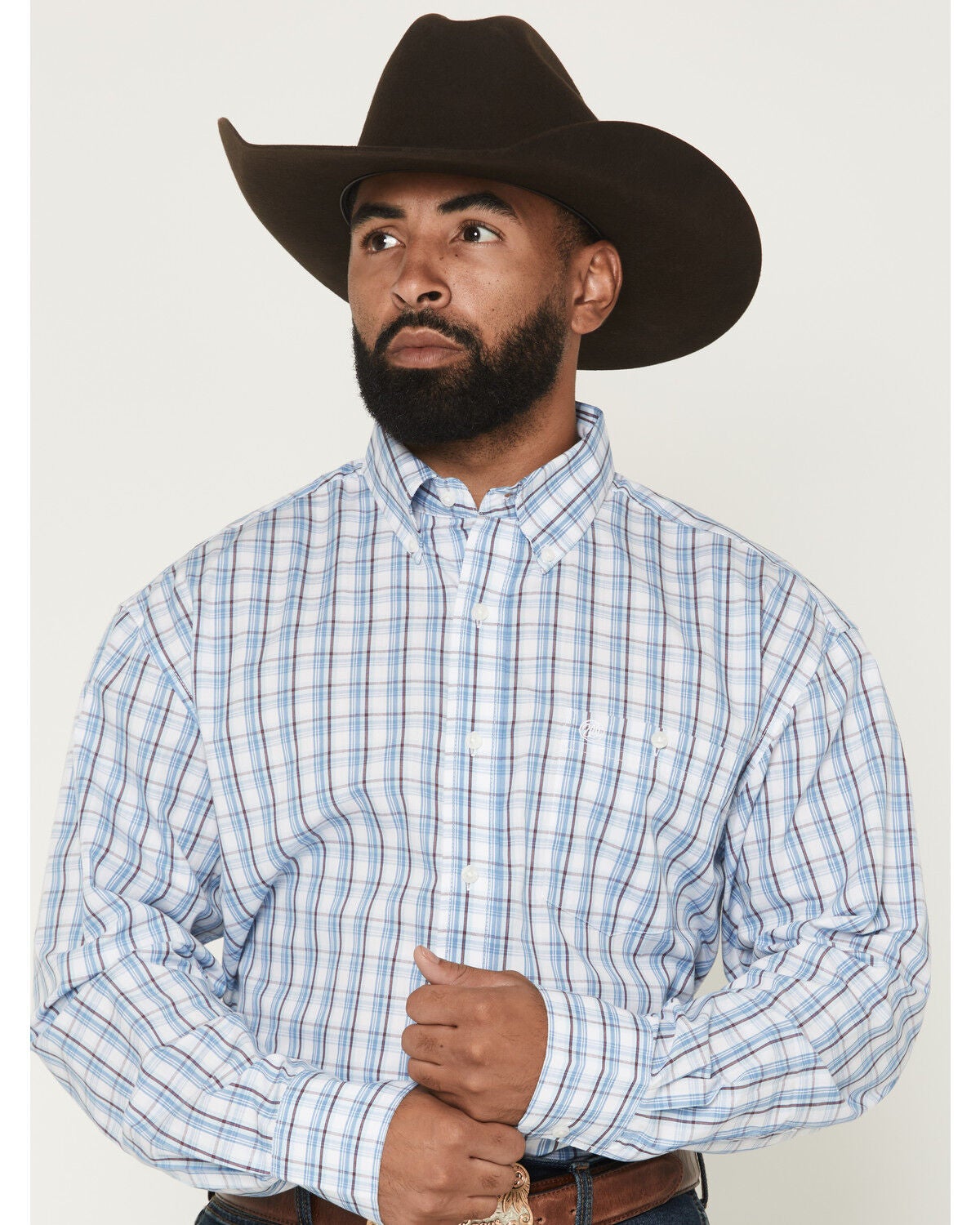 Wrangler Men's Plaid Print Long Sleeve Button-Down Western Shirt - Big, Blue, hi-res