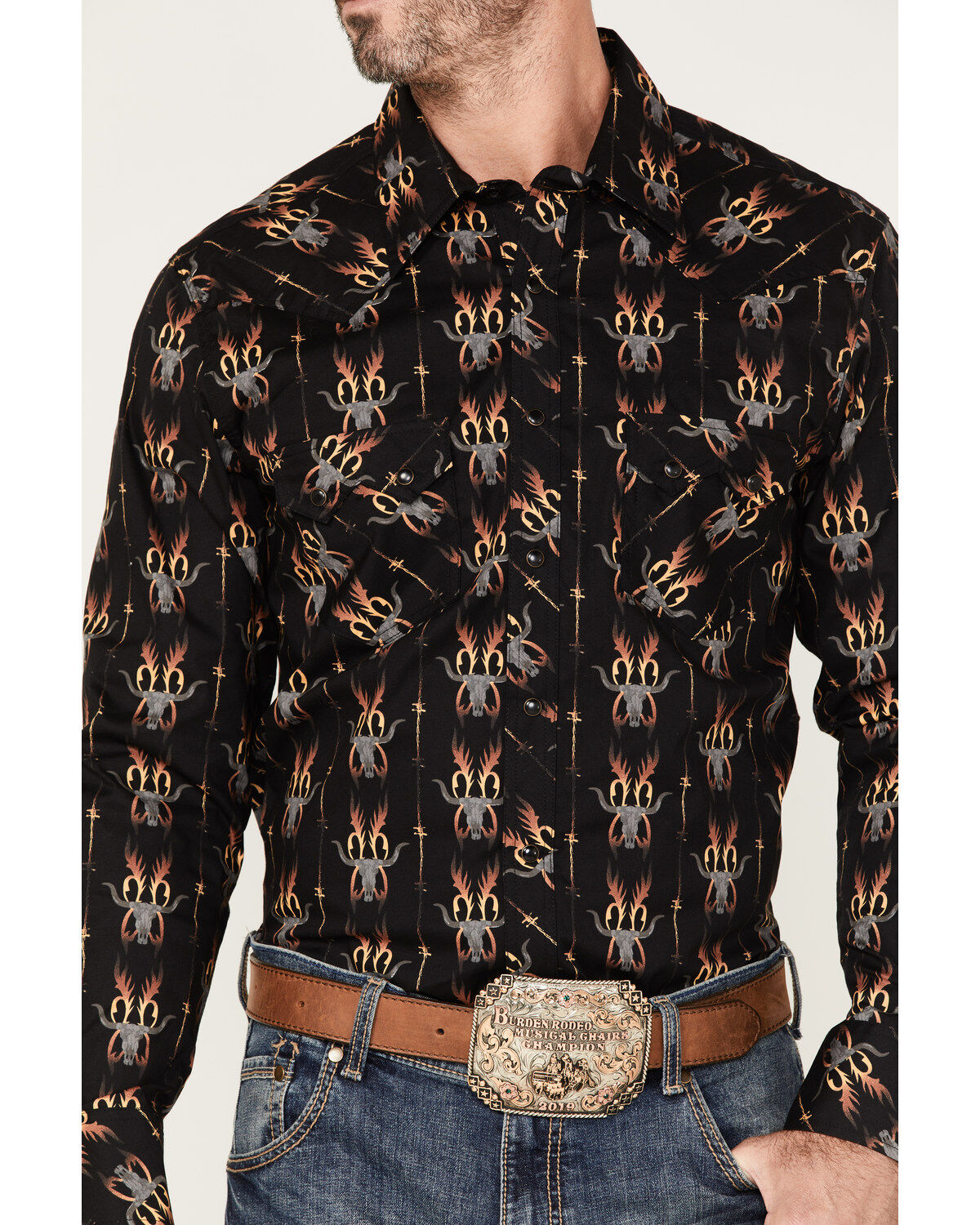 Image #3 - Dale Brisby Men's Stretch Antler Bull Skull Print Western Shirt, Black, hi-res