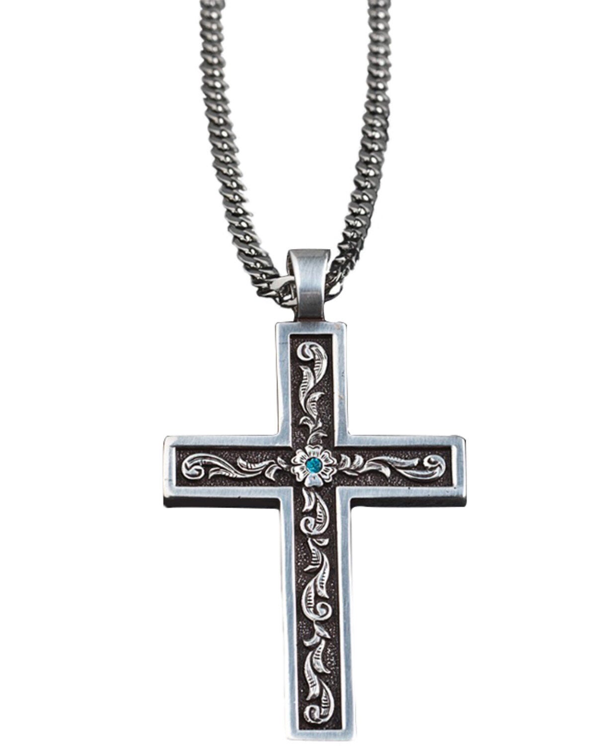 Twister Men's Tooled Inlay Cross Necklace, Silver, hi-res