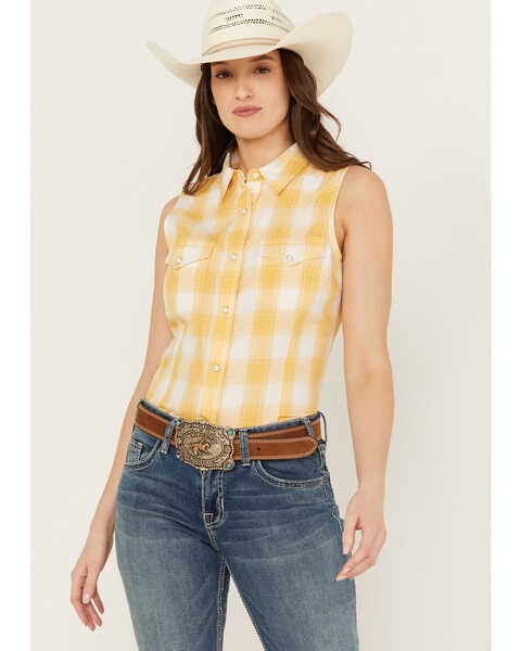 Wrangler Women's Gingham Sleeveless Snap Western Shirt, Yellow, hi-res