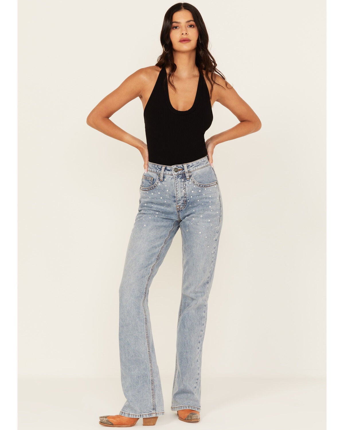 Rock & Roll Denim Women's Light Wash High Rise Rhinestone Studded Bootcut Stretch Denim Jeans, Light Wash, hi-res