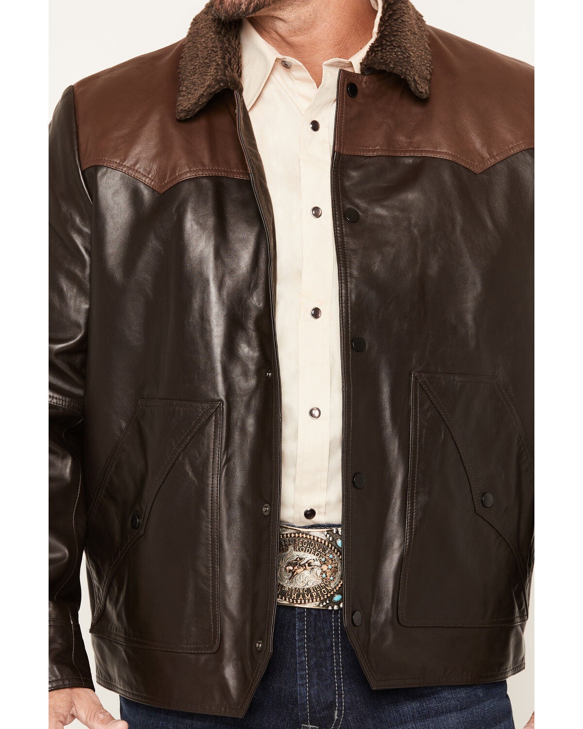 Image #3 - Scully Men's Shearling Collar Trucker Jacket, Chocolate, hi-res