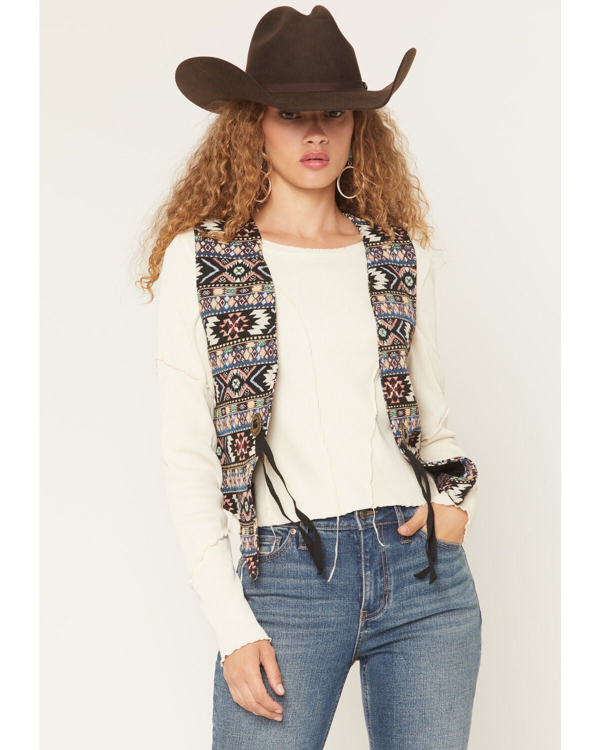 Fornia Women's Tapestry Concho Cropped Vest, Black, hi-res