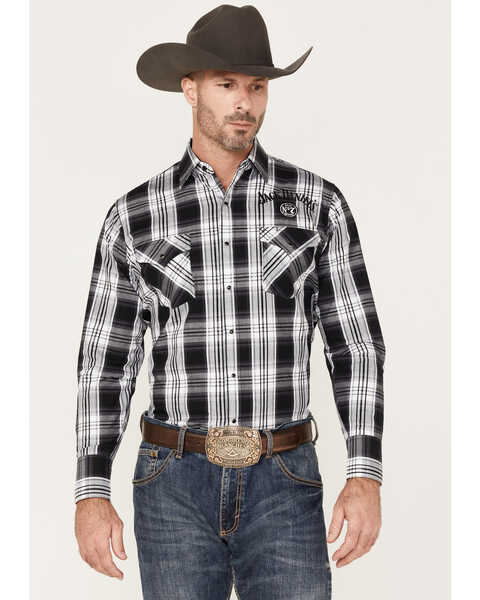 Ely Walker Men's Jack Daniel's Plaid Print Long Sleeve Snap Western Shirt, Black, hi-res