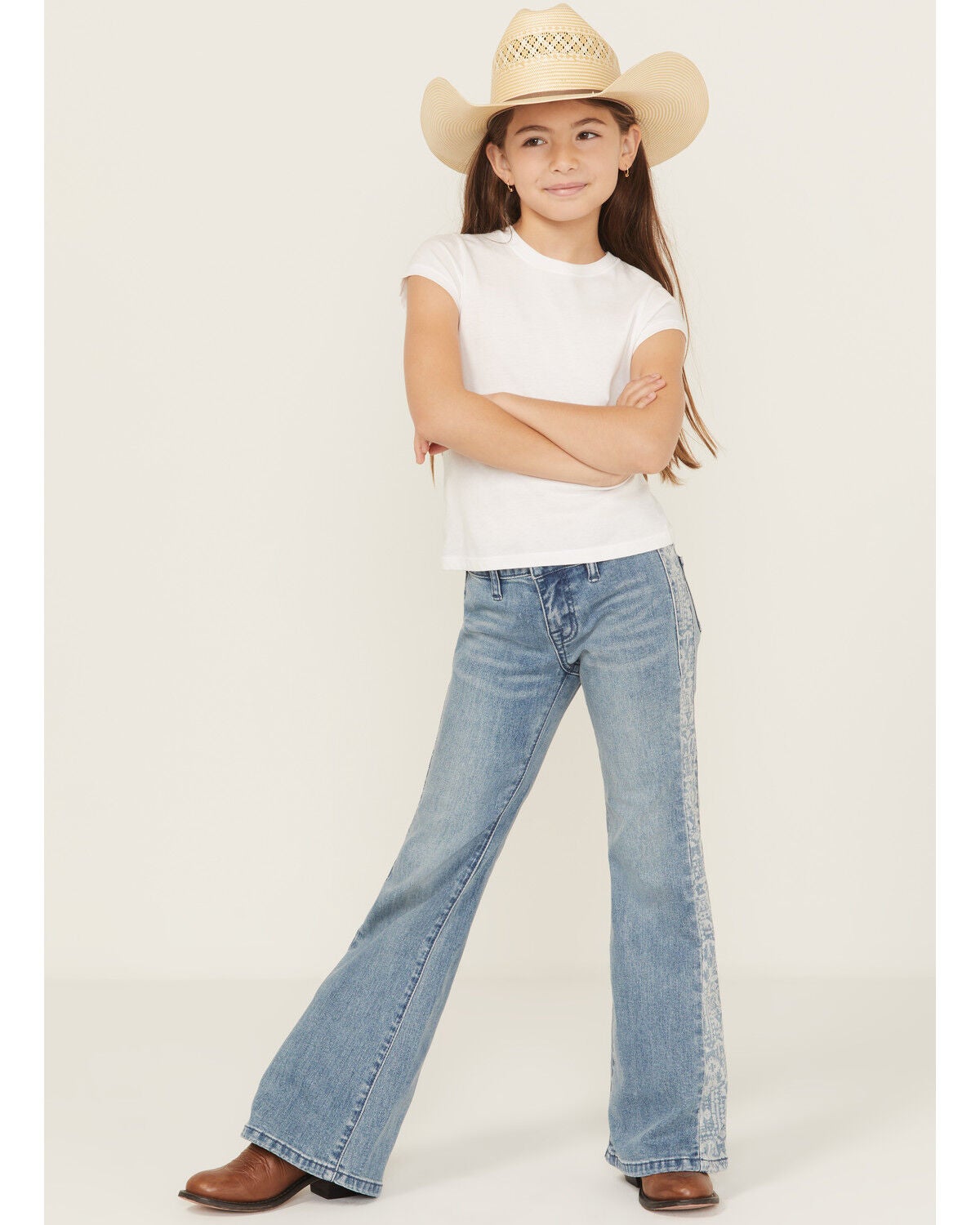 Rock & Roll Denim Girls' Southwestern Print Panel Button Flare Stretch Denim Jeans, Medium Wash, hi-res