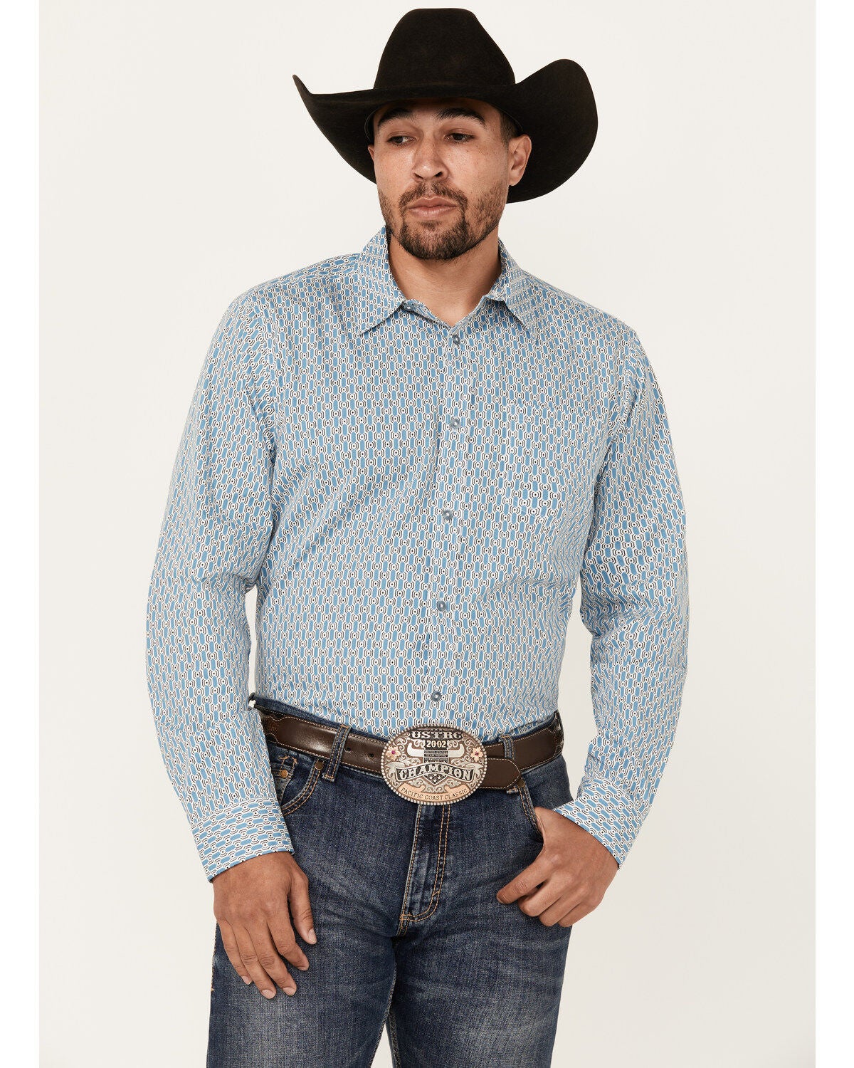 Gibson Trading Co Men's Bullseye Geo Print Long Sleeve Button-Down Western Shirt, Light Blue, hi-res