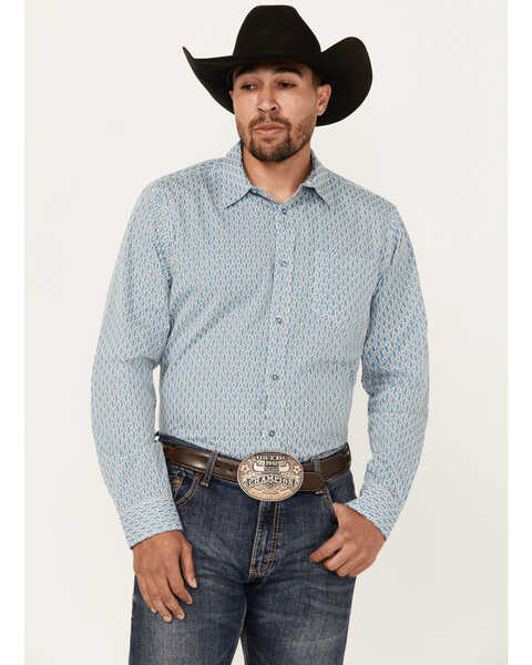 Gibson Trading Co Men's Bullseye Geo Print Long Sleeve Button-Down Western Shirt , Light Blue, hi-res