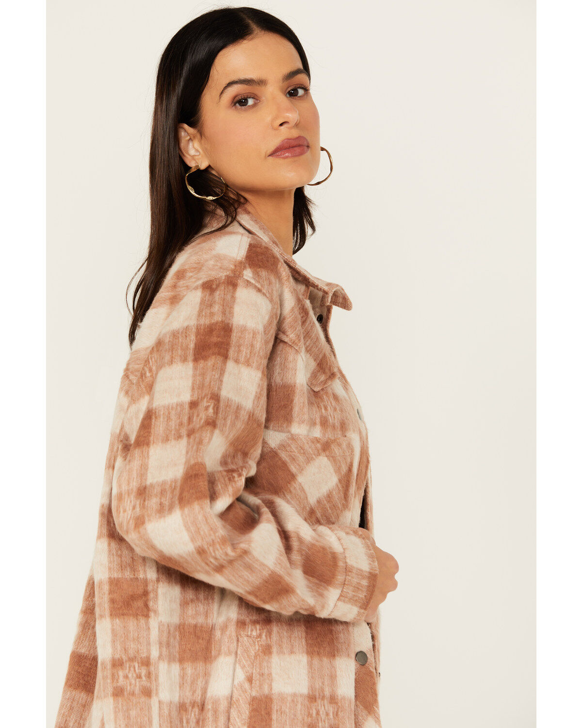 Image #2 - Rock & Roll Denim Women's Brushed Plaid Print Shacket, Rust Copper, hi-res