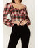 Wild Moss Women's Plaid Print Ruffle Tie Front Crop Top, Brown, hi-res
