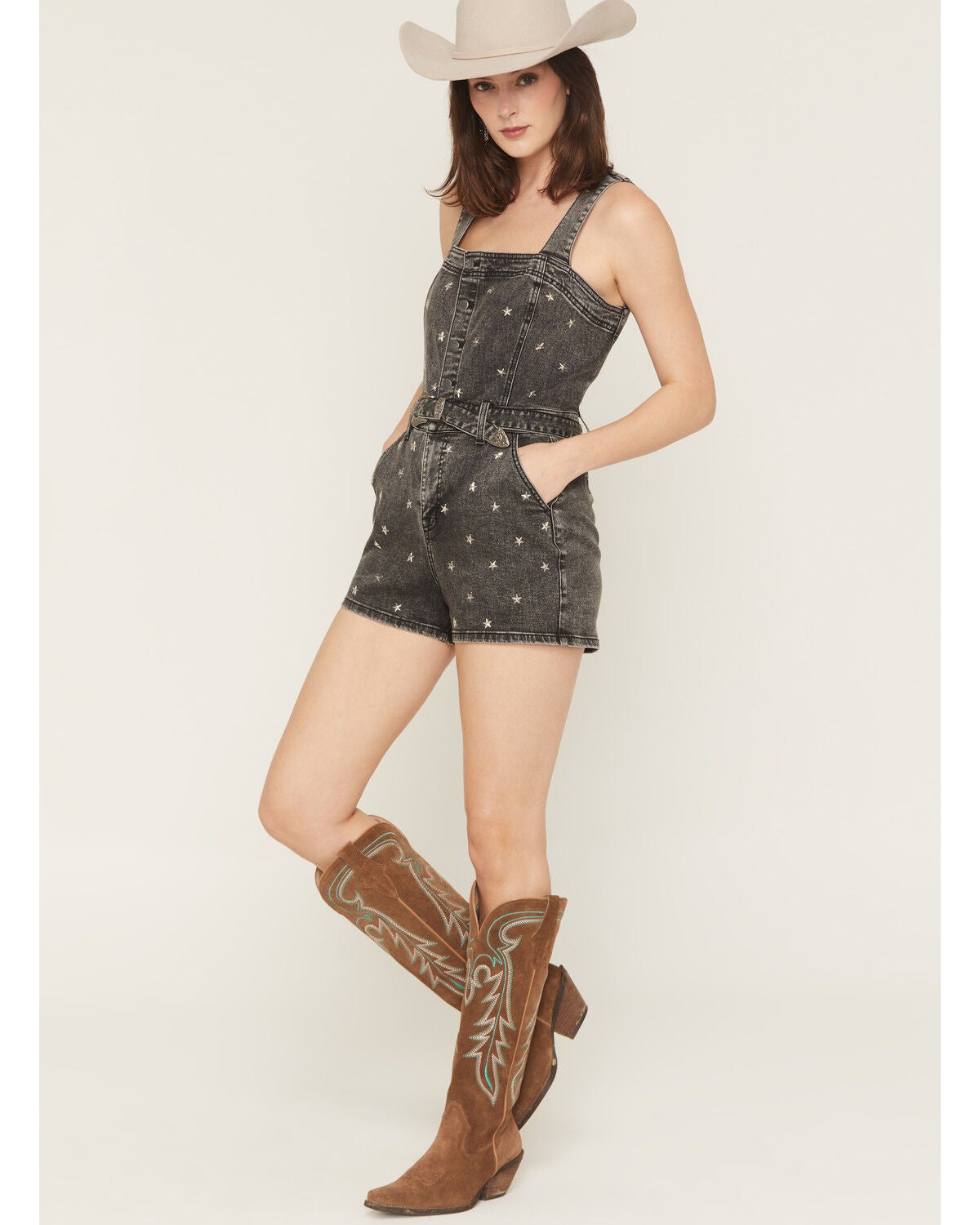 Rock & Roll Denim Women's Sleeveless Star Studded Denim Romper, Black, hi-res