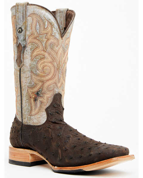 Tanner Mark Men's Exotic Full Quill Ostrich Western Boots - Broad Square Toe, Dark Brown, hi-res