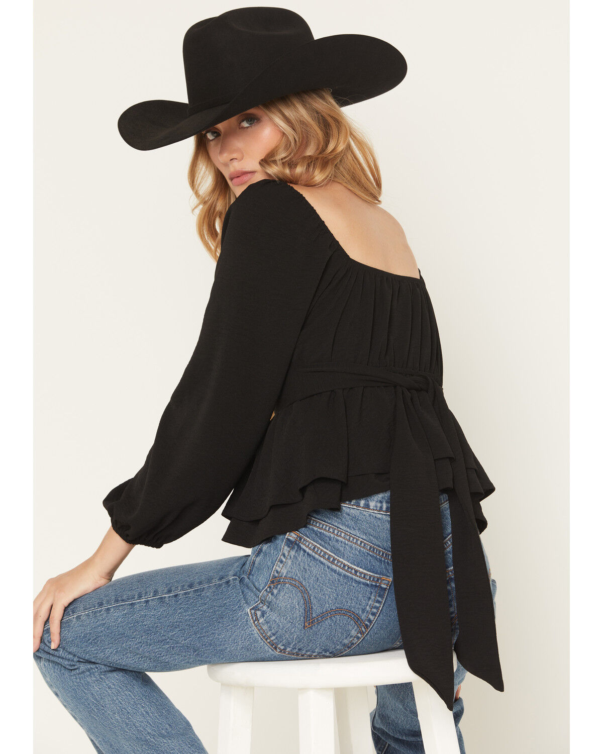 Image #4 - La La Land Women's Boot Barn Exclusive Emma Double Layer Peplum Top, Black, hi-res