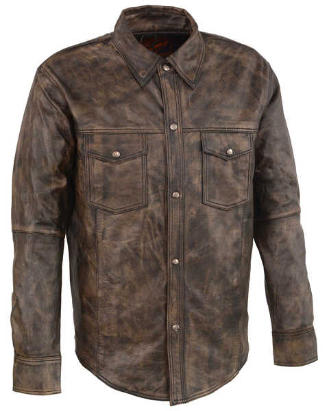 Milwaukee Leather Men's Distressed Brown Light Leather Snap Front Shirt, Black/tan, hi-res