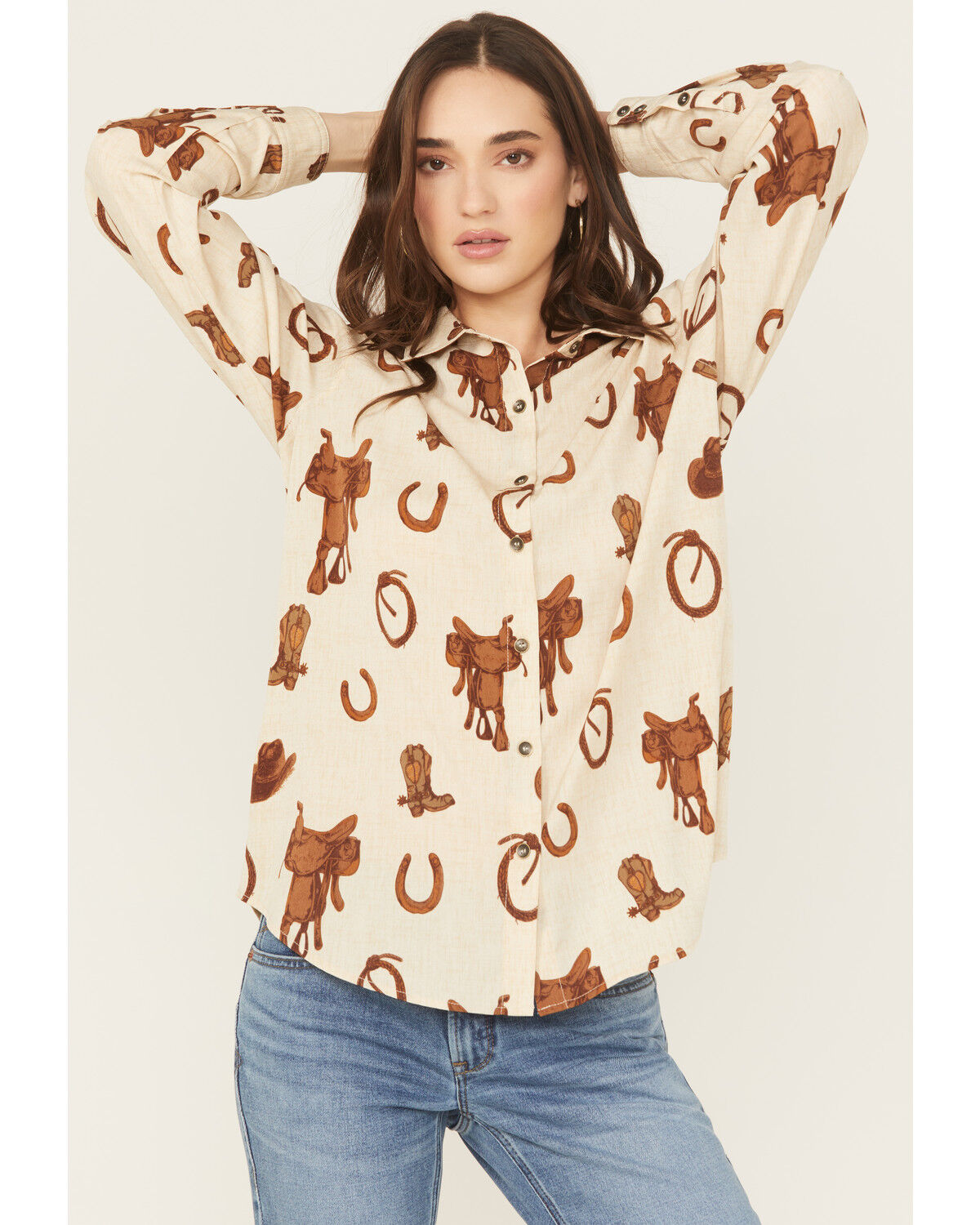 Image #1 - Ariat Women's Homestyle Rodeo Print Long Sleeve Button-Down Western Shirt, Natural, hi-res