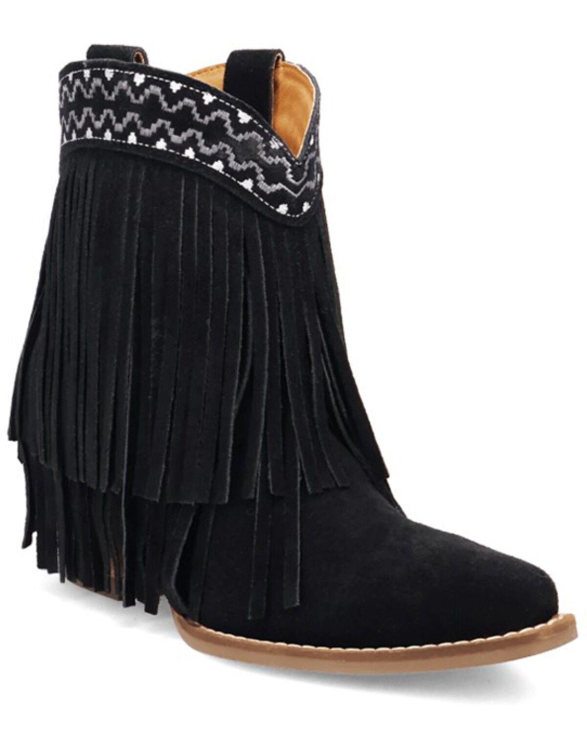 Dingo Women's Tapadero Suede Fringe Western Booties - Round Toe, Black, hi-res