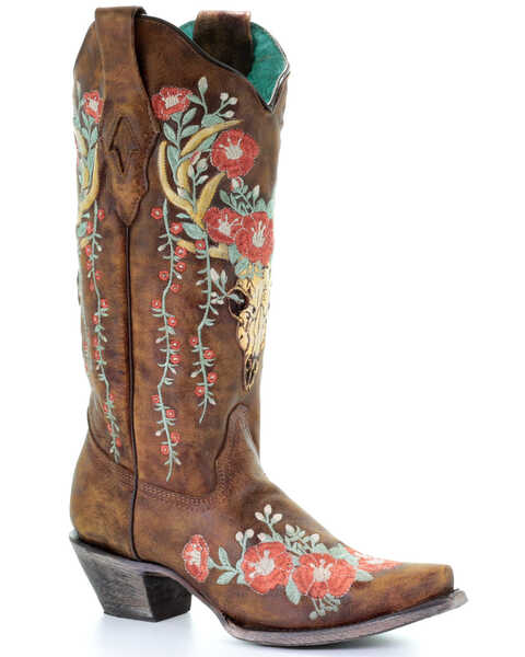 Corral Women's Deer Skull Western Boots - Snip Toe, Tan, hi-res