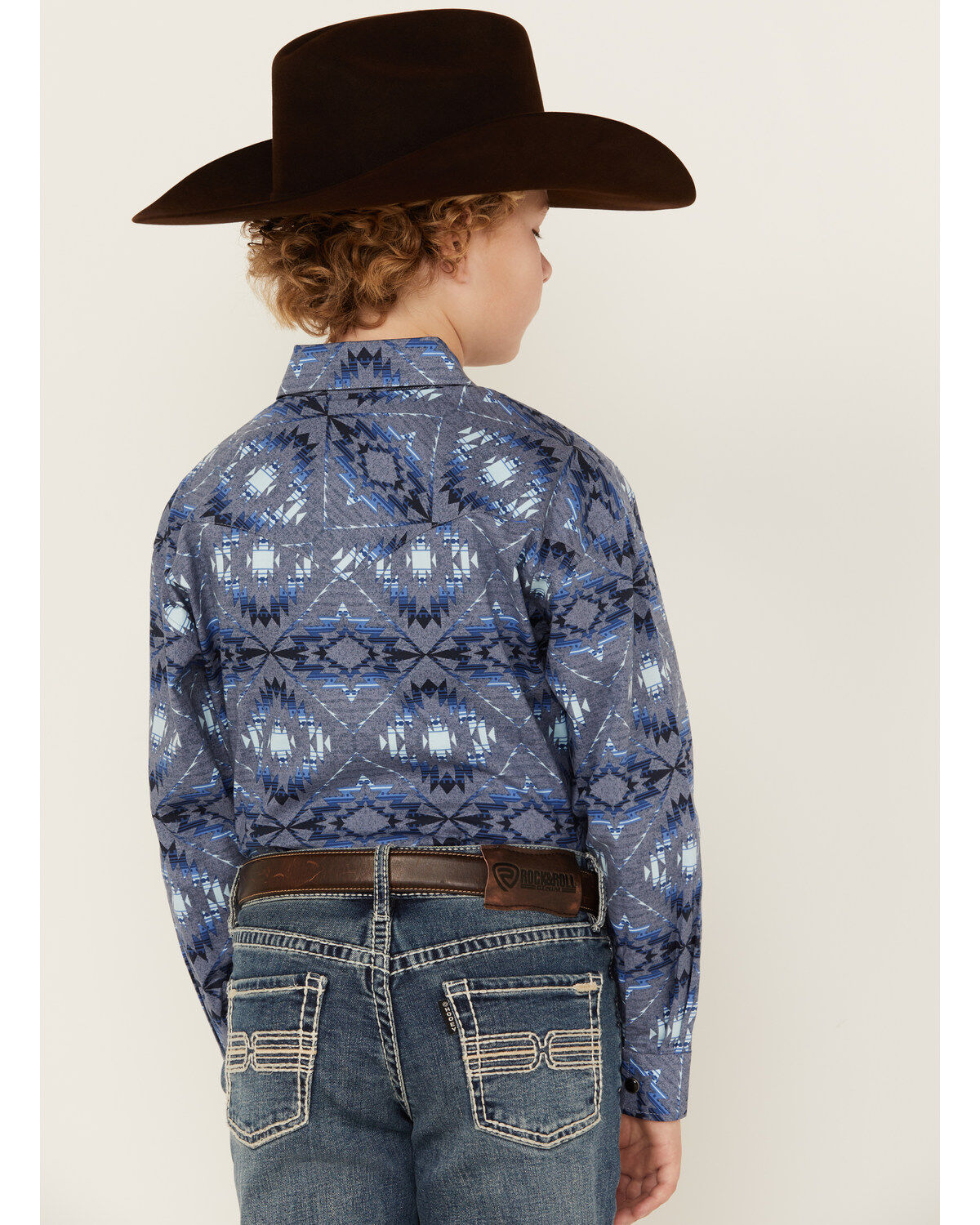Image #4 - Rock & Roll Denim Boys' Bright Southwestern Print Long Sleeve Pearl Snap Western Shirt, Blue, hi-res