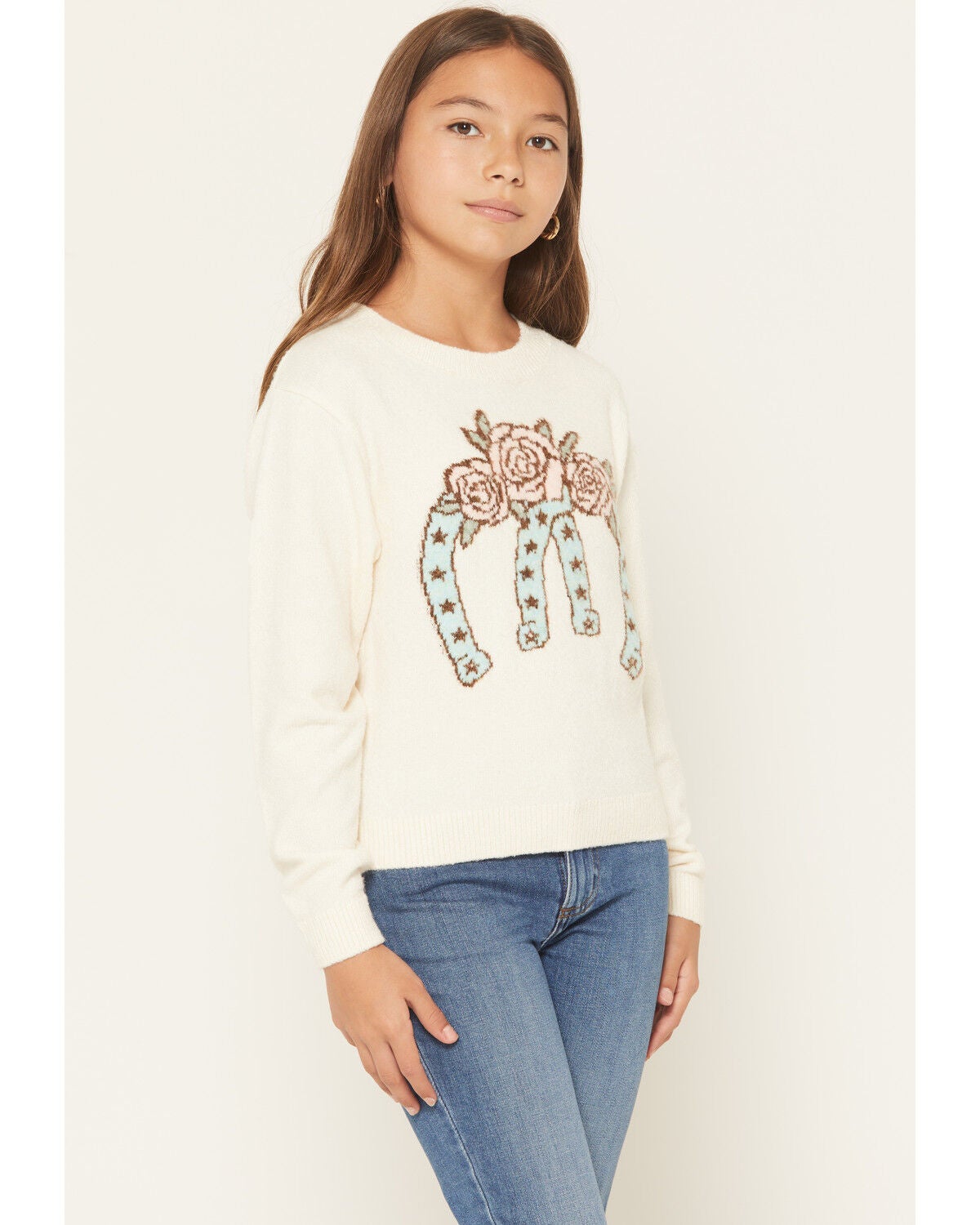 Sugar California Girls' Floral Horseshoe Print Sweater, Cream, hi-res