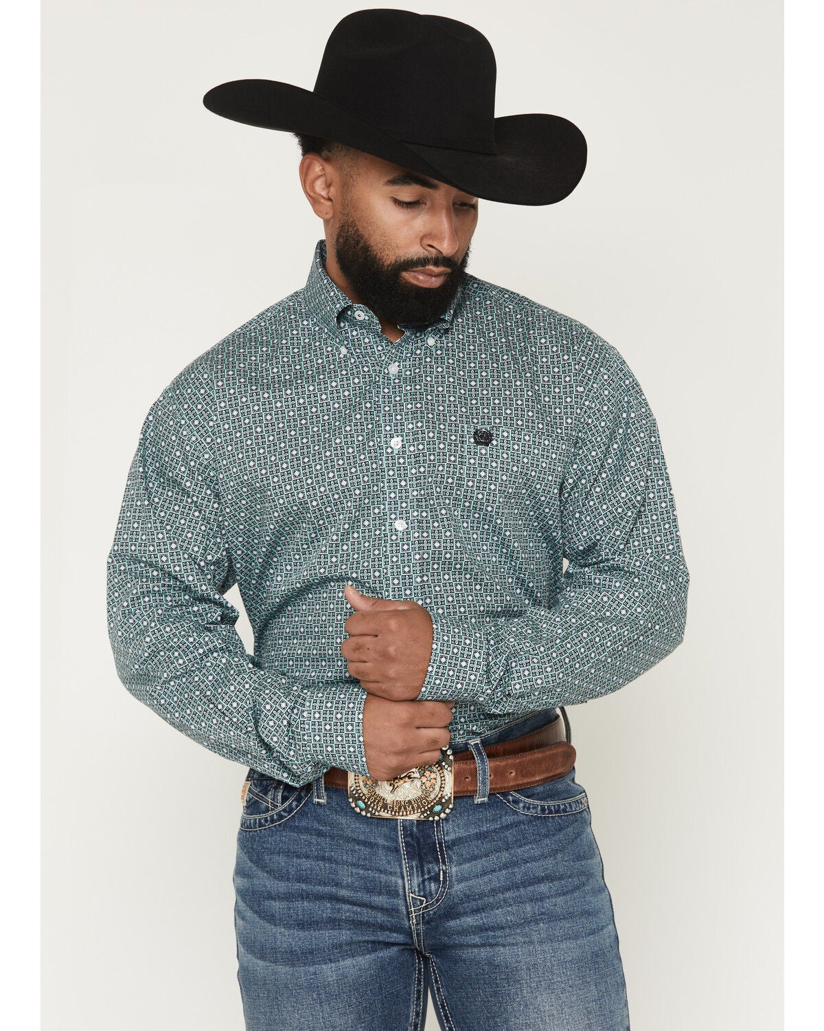 Cinch Men's Geo Print Long Sleeve Button-Down Western Shirt, Green, hi-res