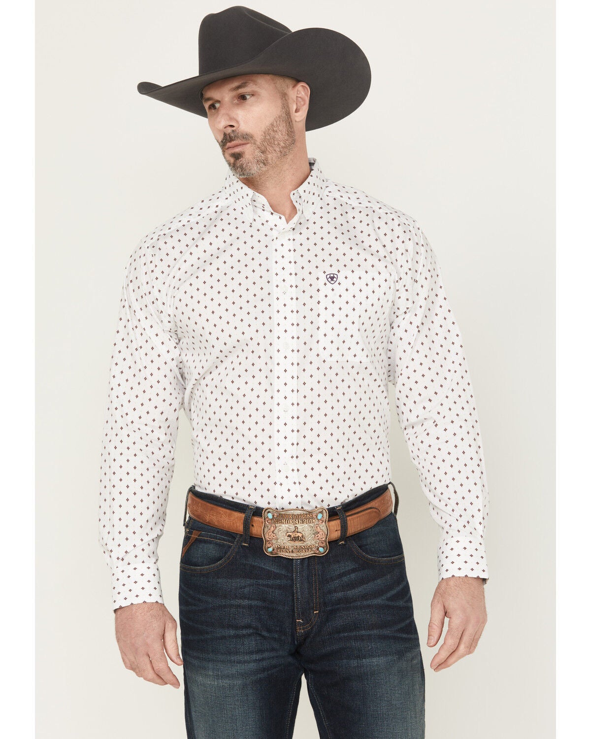 Ariat Men's Ross Wrinkle Free Geo Print Long Sleeve Button-Down Western Shirt, White, hi-res