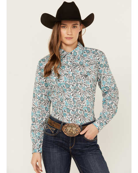 Cowgirl Hardware Floral Print Long Sleeve Snap Western Shirt , Turquoise, hi-res