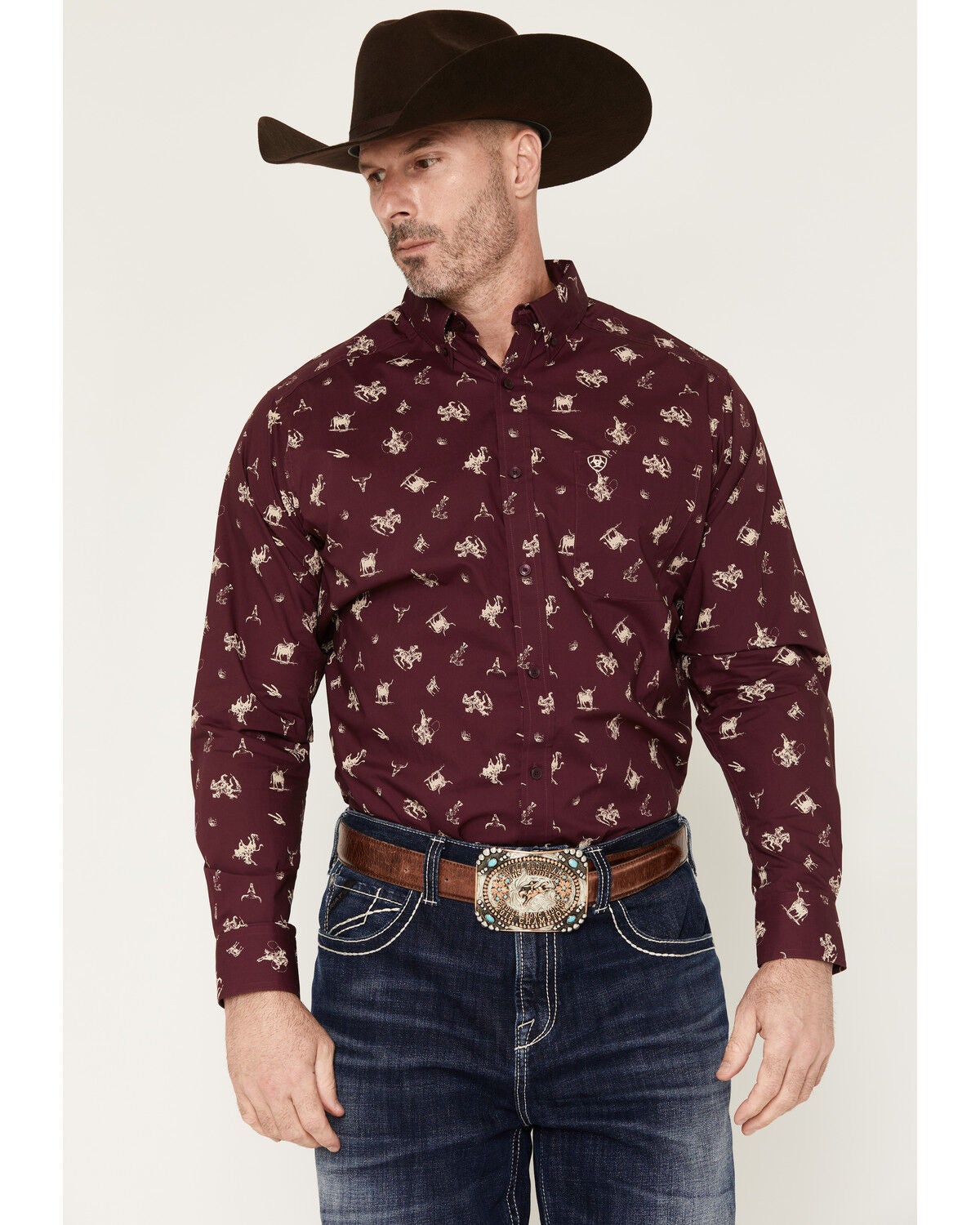 Image #1 - Ariat Men's Canaan Cowboy Print Long Sleeve Button-Down Western Shirt, Burgundy, hi-res