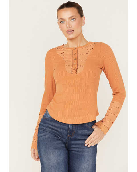 Miss Me Women's Eyelet Lace Ribbed Top, Rust Copper, hi-res