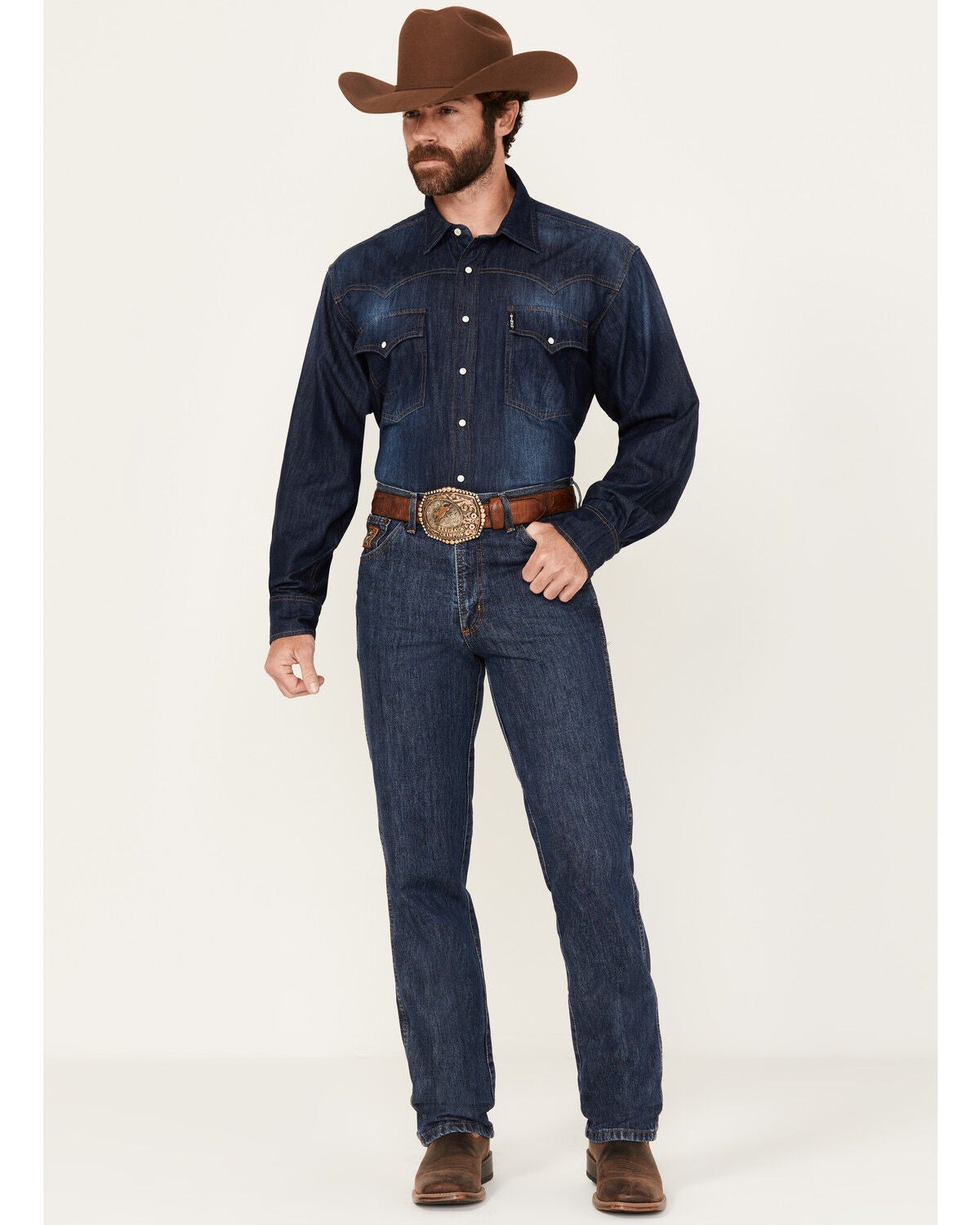 Cinch Men's Bronze Label Dark Wash Slim Tapered Rigid Denim Jeans, Blue, hi-res