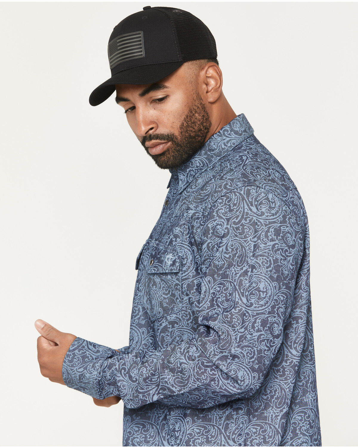 Image #2 - Cody James Men's FR Denim Paisley Long Sleeve Snap Shirt, Indigo, hi-res