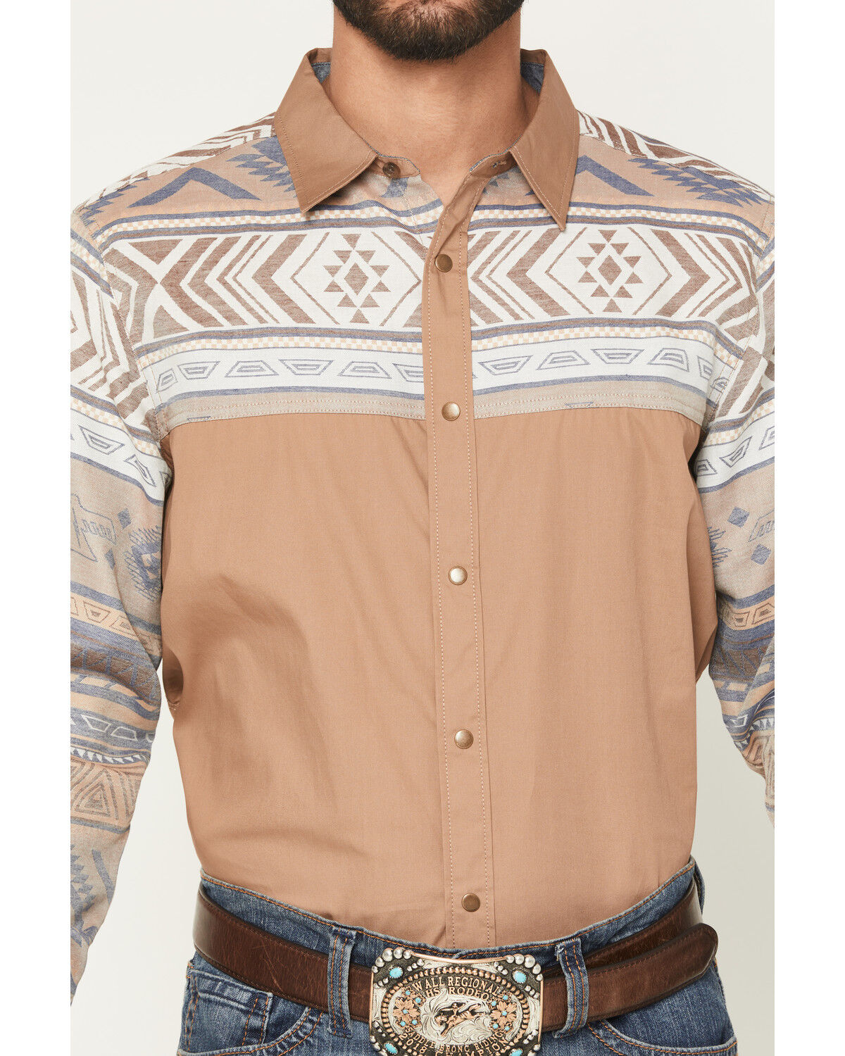Image #3 - Cody James Men's Bronco Southwestern Block Long Sleeve Snap Western Shirt, Tan, hi-res