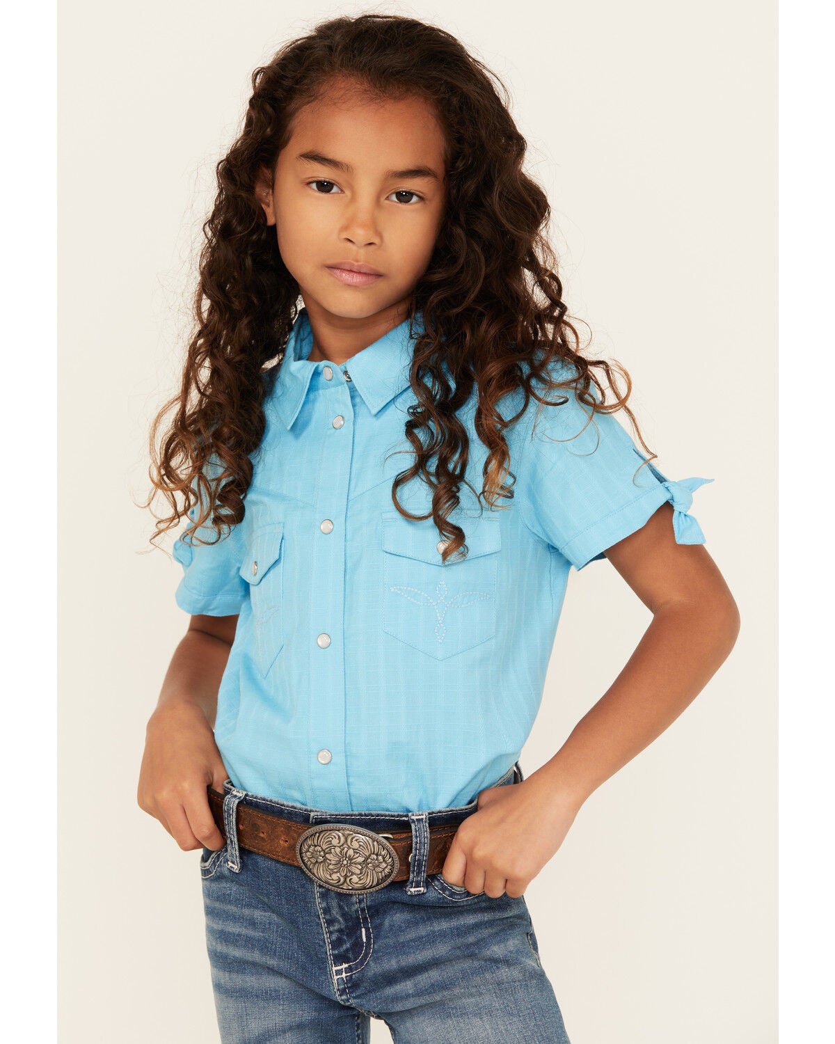 Shyanne Girls' Shadow Dobby Print Short Sleeve Snap Western Shirt, Light Blue, hi-res