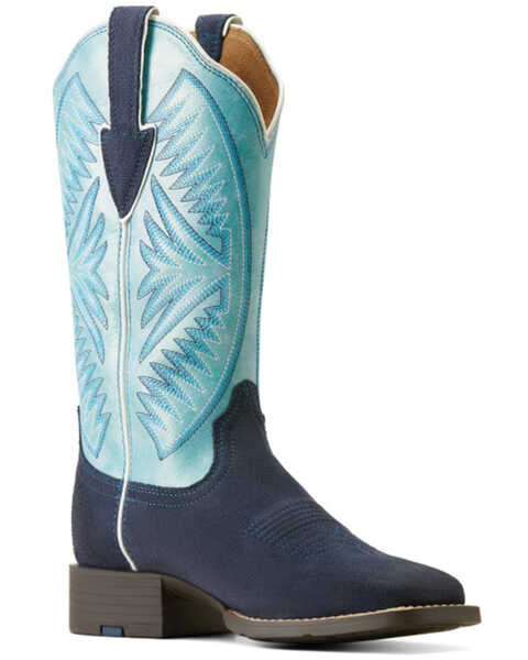 Ariat Women's Round Up Ruidoso Roughout Performance Western Boots - Broad Square Toe , Blue, hi-res
