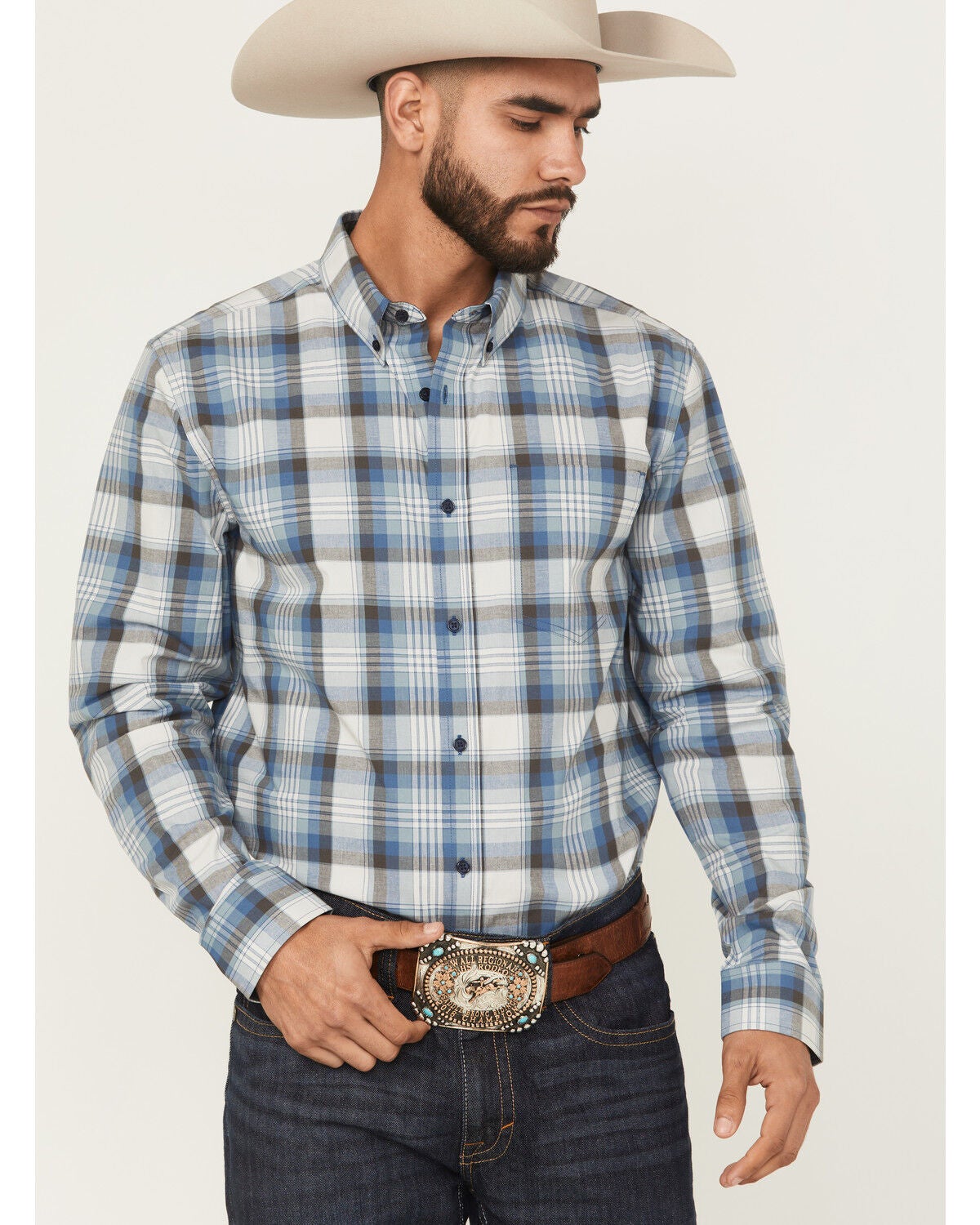 Cody James Men's Howdy Duty Plaid Print Long Sleeve Button-Down Western Shirt - Tall, Blue, hi-res