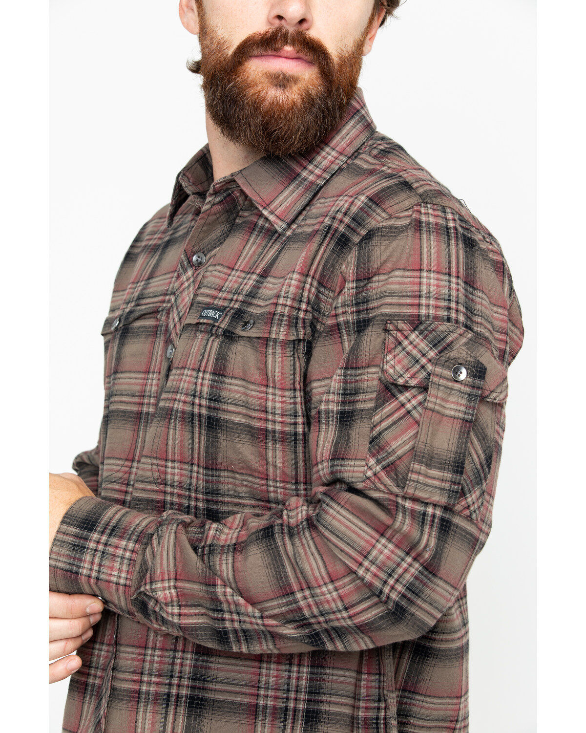 Image #3 - Outback Trading Co. Men's Plaid Print Laramie Perf. Long Sleeve Western Shirt, Olive, hi-res
