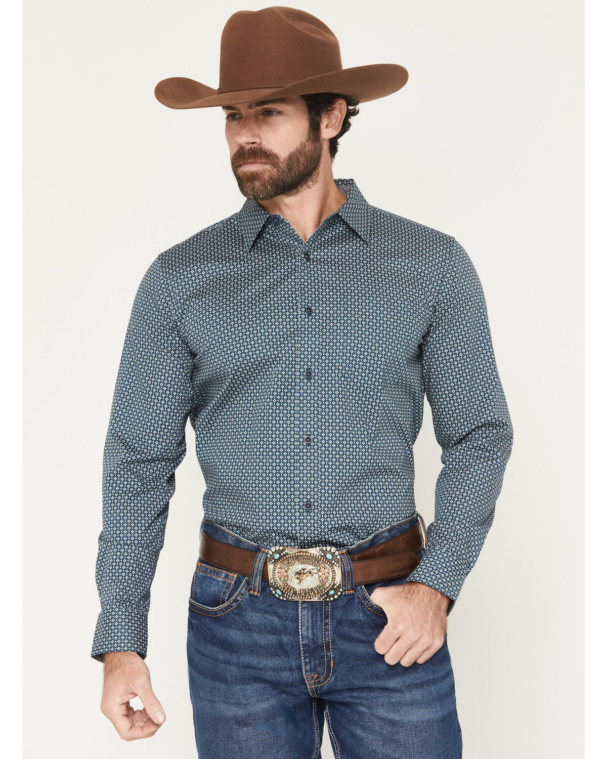 Image #1 - Cody James Men's Bourbon Geo Print Long Sleeve Button-Down Stretch Western Shirt, Navy, hi-res
