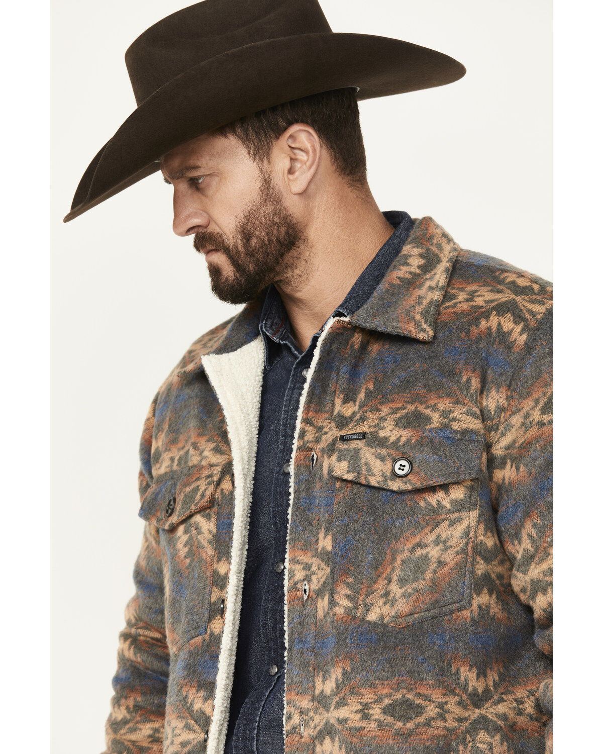 Image #2 - Rock & Roll Denim Men's Southwestern Sherpa Lined Shirt Jacket, , hi-res