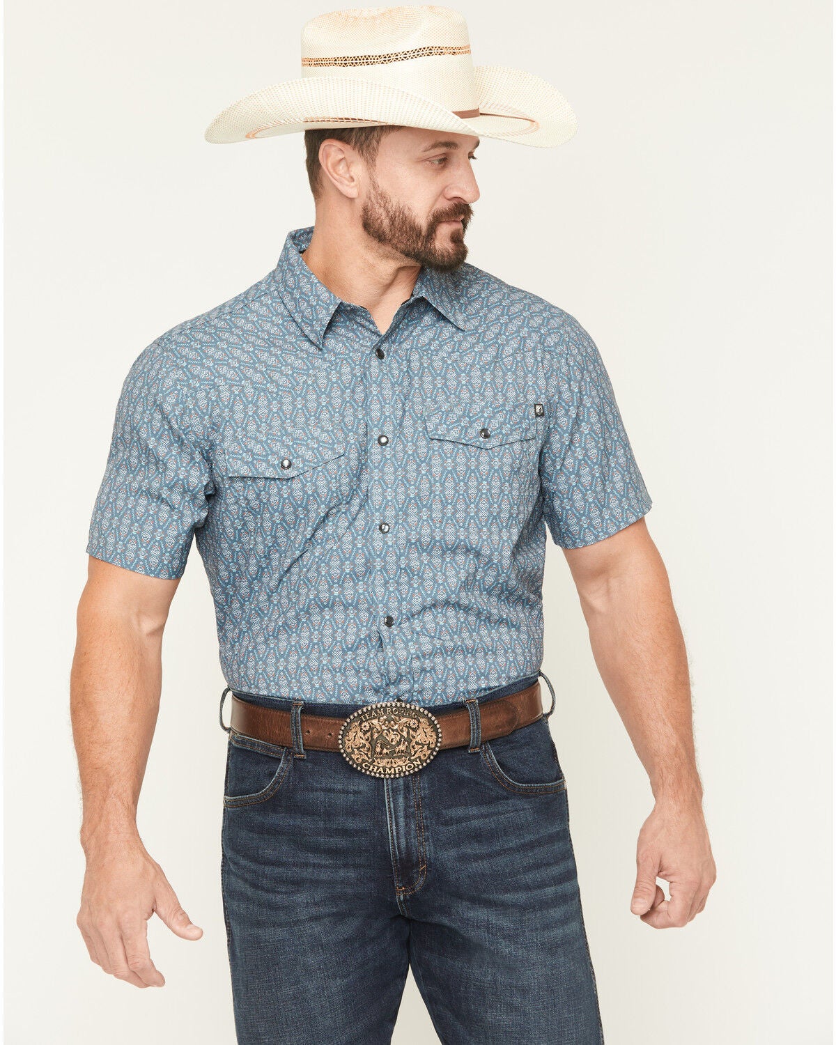 RANK 45&reg; Men's River Rangers Southwestern Print Short Sleeve Snap Western Shirt, Navy, hi-res