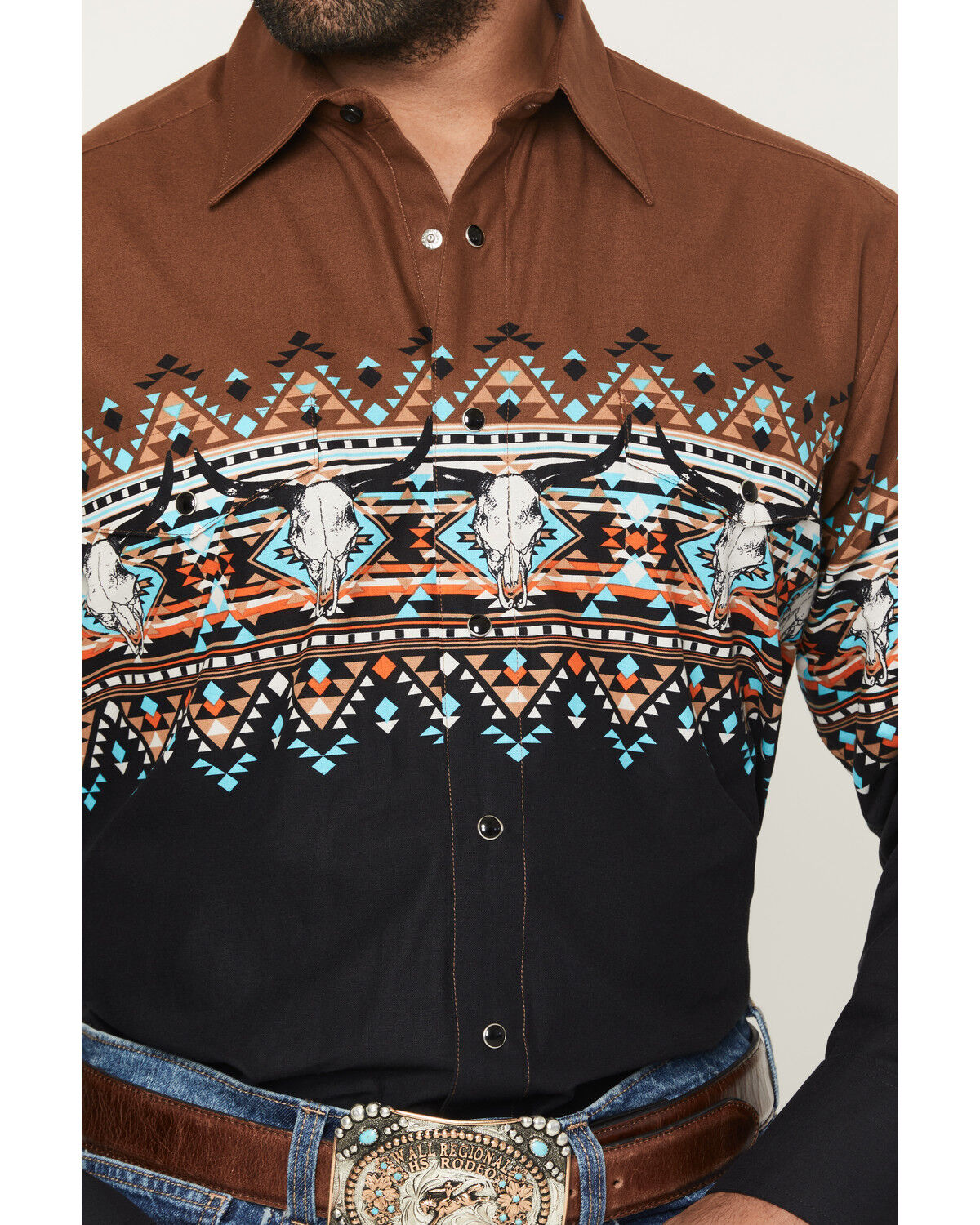 Image #3 - Panhandle Slim Men's Southwestern Border Long Sleeve Snap Western Shirt, Black, hi-res