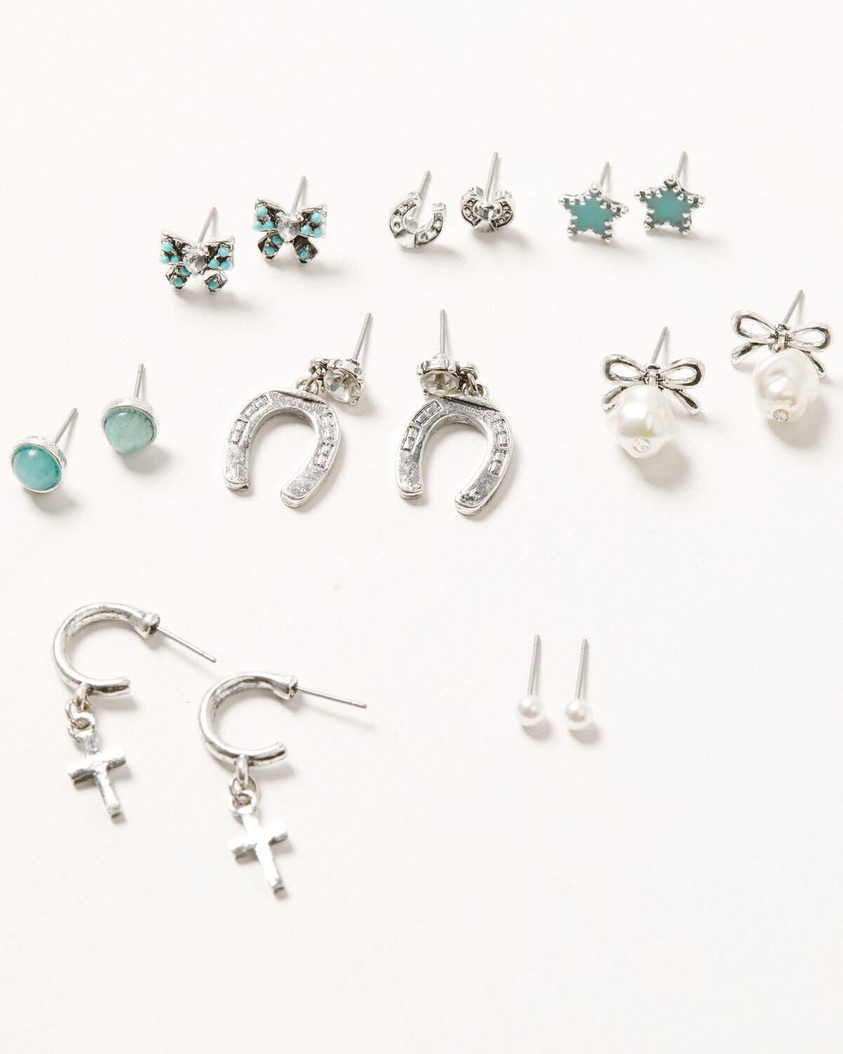 Shyanne Women's Cross, Bow, and Horseshoe Earring Set - 16 Piece, Silver, hi-res