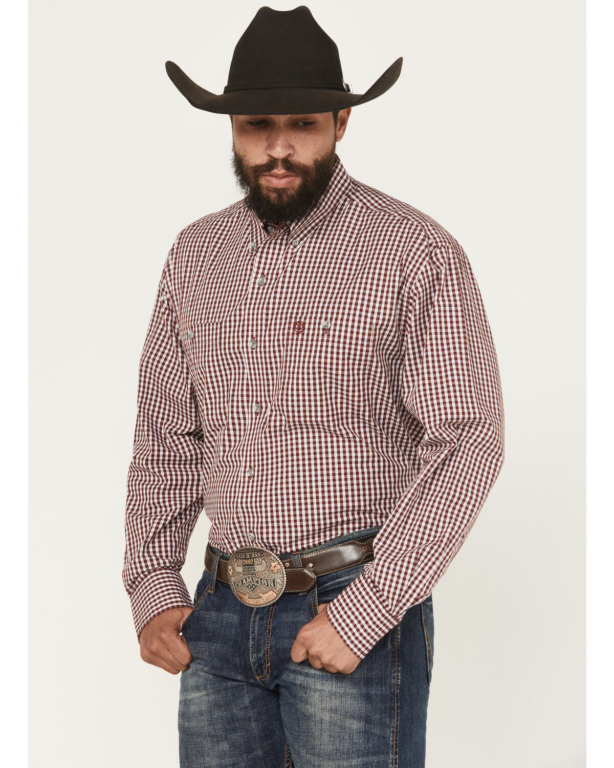 Image #1 - George Strait Wrangler Men's Checkered Long Sleeve Button-Down Stretch Western Shirt - Tall, Wine, hi-res